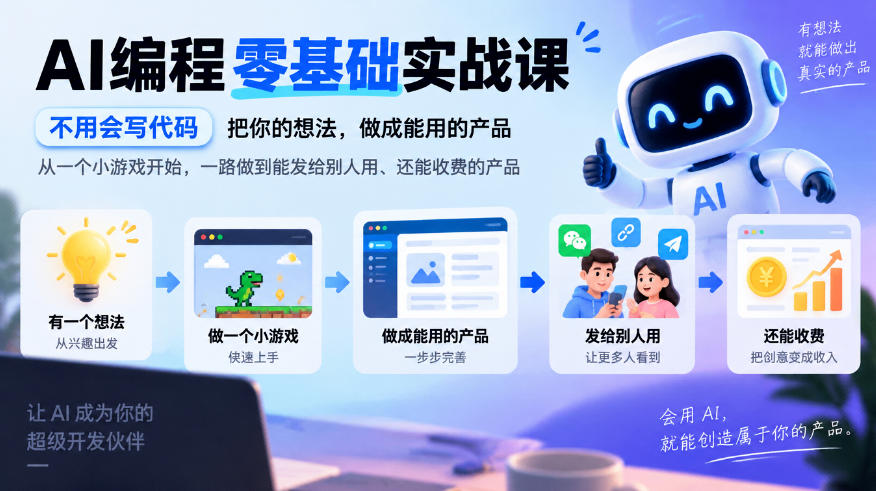 AI编程零基础实战课，不用会写代码，把你的想法，做成能用的产品，从一个小游戏开始，一路做到能发给别人用、还能收费的产品-我爱项目网