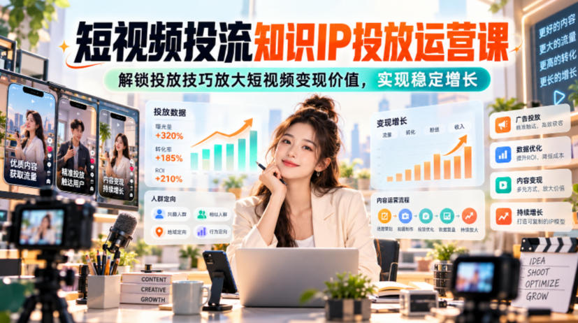 短视频投流知识IP投放运营课，解锁投放技巧放大短视频变现价值，实现稳定增长-我爱项目网