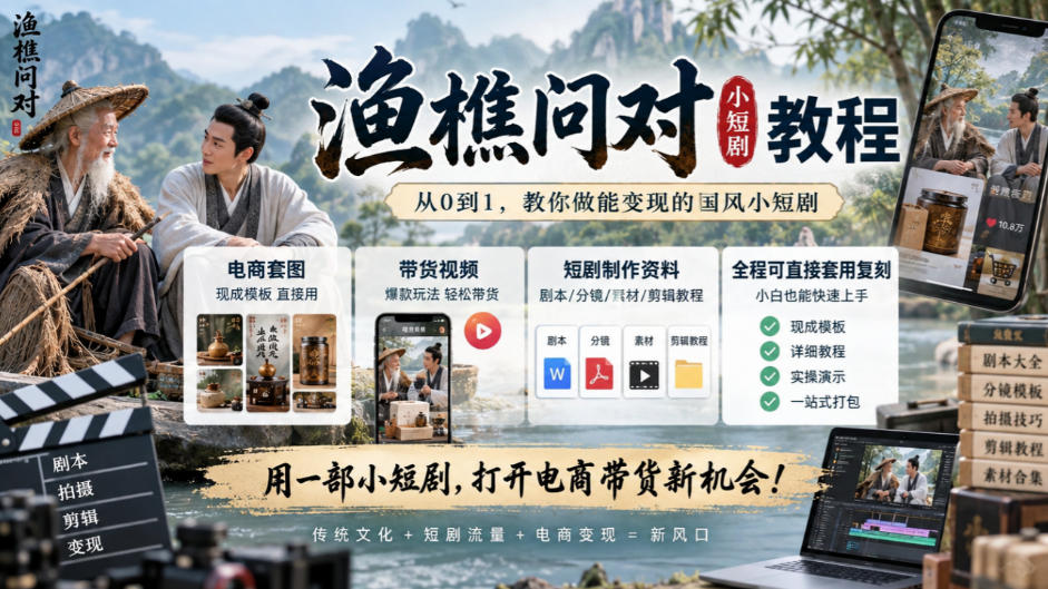 渔樵问对小短剧教程，包含电商套图、带货视频，短剧制作资料，全程可直接套用复刻-我爱项目网