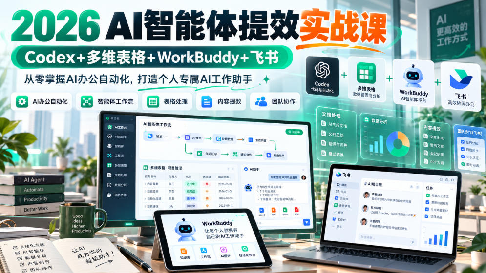 2026 AI智能体提效实战课:Codex+多维表格+WorkBuddy+飞书,从零掌握AI办公自动化,打造个人专属AI工作助手-我爱项目网