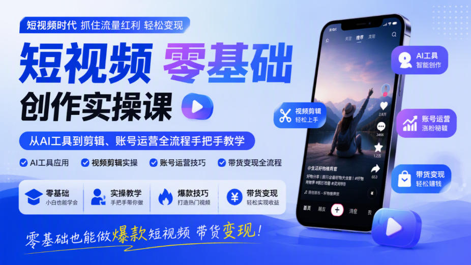 短视频零基础创作实操课，从AI工具到剪辑、账号运营全流程手把手教学，零基础也能做爆款短视频带货变现-我爱项目网
