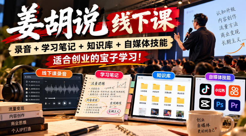 姜胡说线下课录音＋学习笔记＋知识库＋自媒体技能，​适合创业的宝子学习！-我爱项目网
