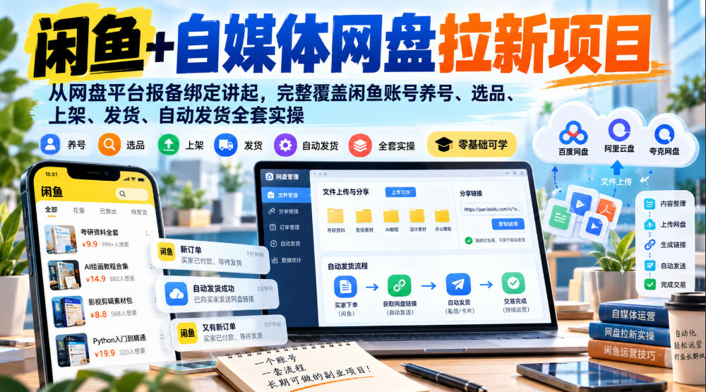 闲鱼+自媒体网盘拉新项目,从网盘平台报备绑定讲起,完整覆盖闲鱼账号养号、选品、上架、发货、自动发货全套实操-我爱项目网