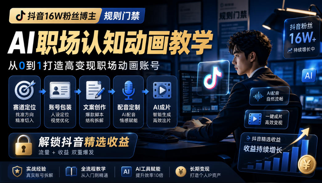抖音16W粉丝博主规则门禁的AI职场认知动画教学，从赛道定位、账号包装，到文案创作、配音定制、AI成片，解锁抖音精选收益-我爱项目网