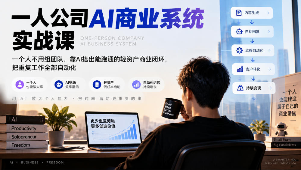一人公司AI商业系统实战课，一个人不用组团队，靠AI搭出能跑通的轻资产商业闭环，把重复工作全部自动化-我爱项目网
