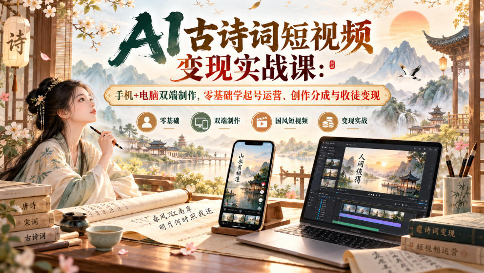 AI古诗词短视频变现实战课：手机+电脑双端制作，零基础学起号运营、创作分成与收徒变现-我爱项目网
