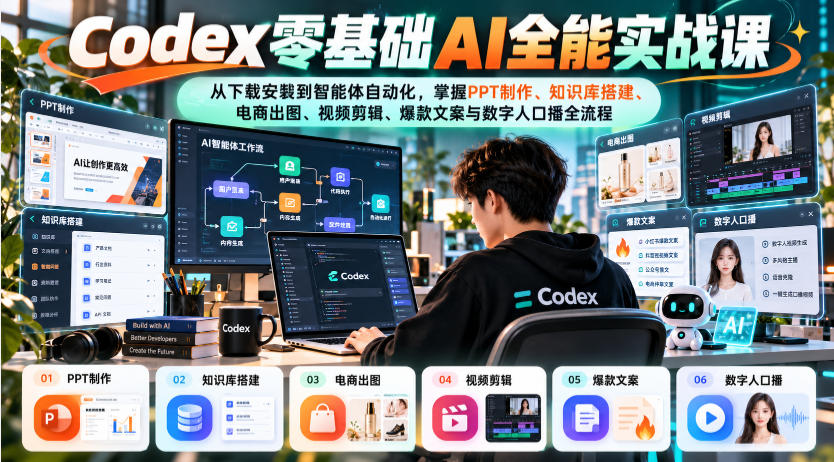 Codex零基础AI全能实战课：从下载安装到智能体自动化，掌握知识库搭建、电商出图、视频剪辑、爆款文案与数字人口播全流程-我爱项目网