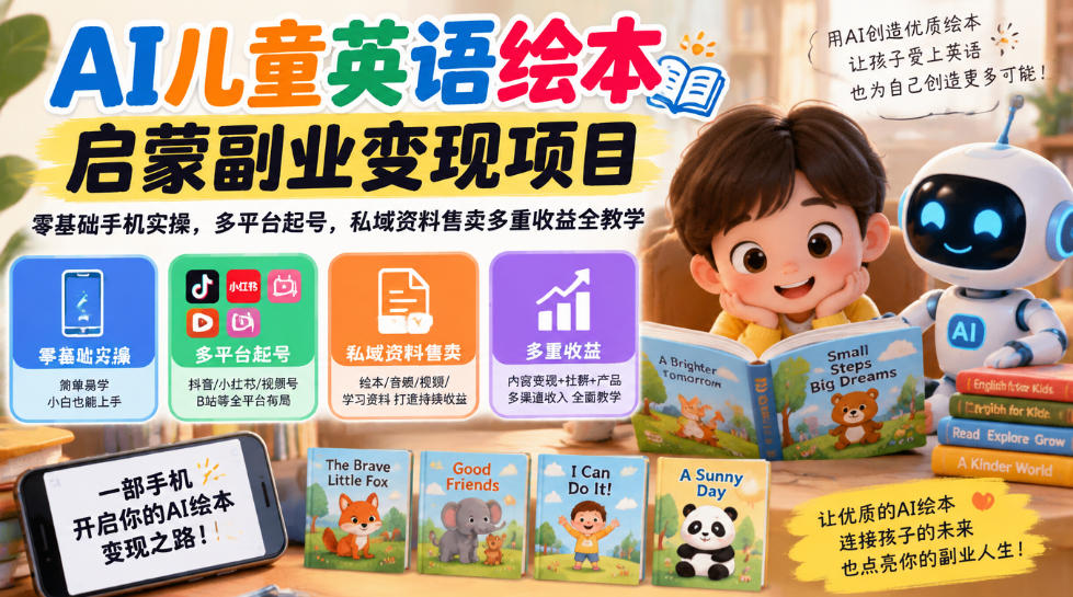 AI儿童英语绘本启蒙副业变现项目，零基础手机实操，多平台起号，私域资料售卖多重收益全教学-我爱项目网