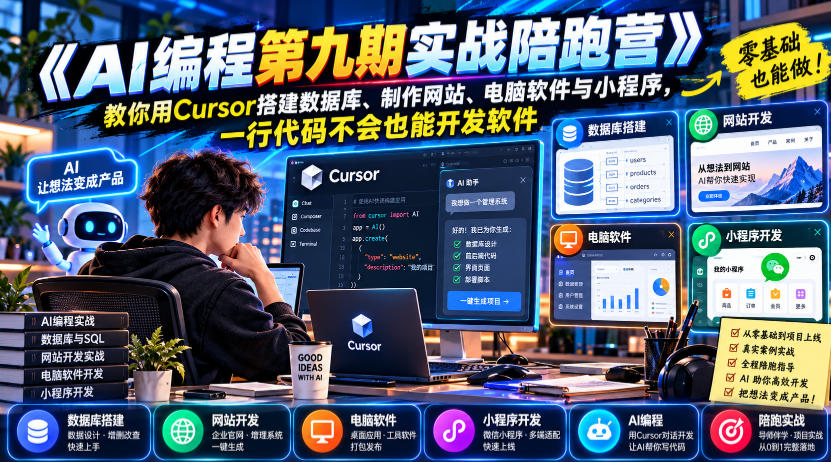 【无水印】《AI编程第九期实战陪跑营》教你用Cursor搭建数据库、制作网站、电脑软件与小程序,一行代码不会也能开发软件-我爱项目网