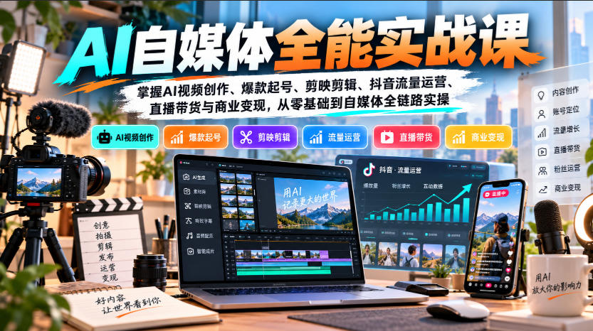 【无水印】AI自媒体全能实战课，掌握AI视频创作、爆款起号、剪映剪辑、抖音流量运营、直播带货与商业变现，从零基础到自媒体全链路实操-我爱项目网