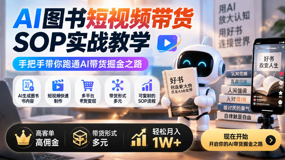 AI图书短视频带货SOP实战教学，手把手带你跑通AI带货掘金之路，高客单高佣金，带货形式多元，轻松月入1W+-我爱项目网