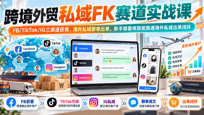 跨境外贸私域FK赛道实战课｜FB/TikTok/IG三渠道获客，海外私域聊单出单，新手跟着做就能跑通海外私域出单闭环-我爱项目网