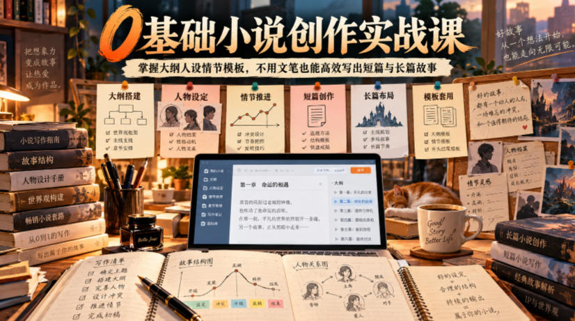 0基础小说创作实战课｜掌握大纲人设情节模板，不用文笔也能高效写出短篇与长篇故事-我爱项目网