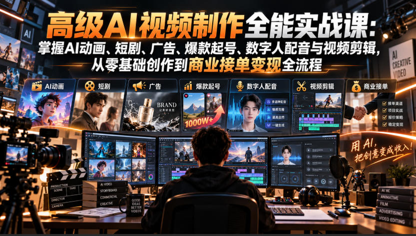高级AI视频制作全能实战课：掌握AI动画、短剧、广告、爆款起号、数字人配音与视频剪辑，从零基础创作到商业接单变现全流程-我爱项目网