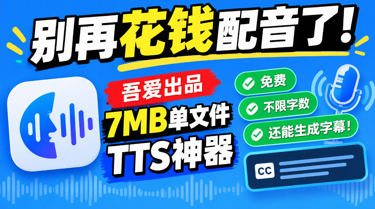 别再花钱配音了!吾爱出品7MB单文件TTS神器,免费不限字数还能生成字幕!-我爱项目网