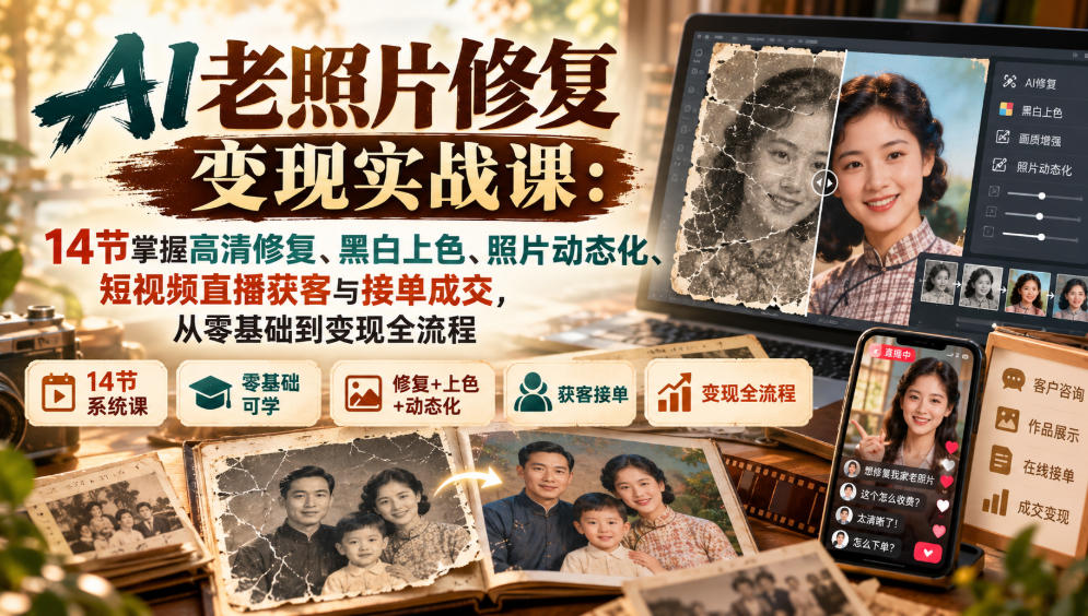 AI老照片修复变现实战课：14节掌握高清修复、黑白上色、照片动态化、短视频直播获客与接单成交，从零基础到变现全流程-我爱项目网