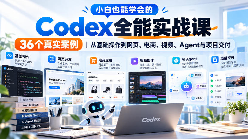 小白也能学会的Codex全能实战课｜36个真实案例，从基础操作到网页、电商、视频、Agent与项目交付-我爱项目网