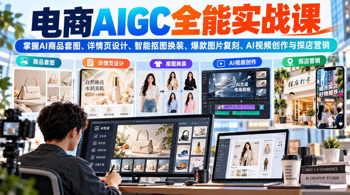 电商AIGC全能实战课：掌握AI商品套图、详情页设计、智能抠图换装、爆款图片复刻、AI视频创作与探店营销-我爱项目网