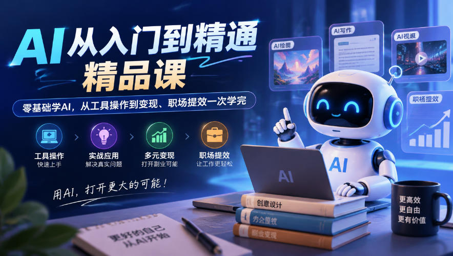 AI从入门到精通精品课，零基础学AI，从工具操作到变现、职场提效一次学完-我爱项目网