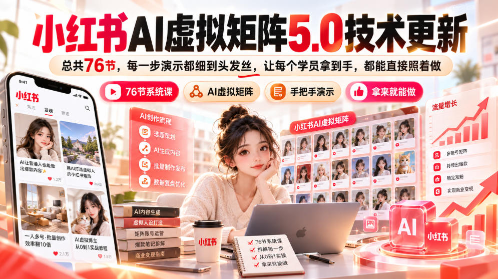小红书AI虚拟矩阵5.0技术更新,总共76节,每一步演示都细到头发丝,让每个学员拿到手,都能直接照着做-我爱项目网