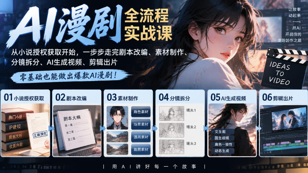 AI漫剧全流程实战课｜从小说授权获取开始，一步步走完剧本改编、素材制作、分镜拆分、AI生成视频、剪辑出片全流程-我爱项目网