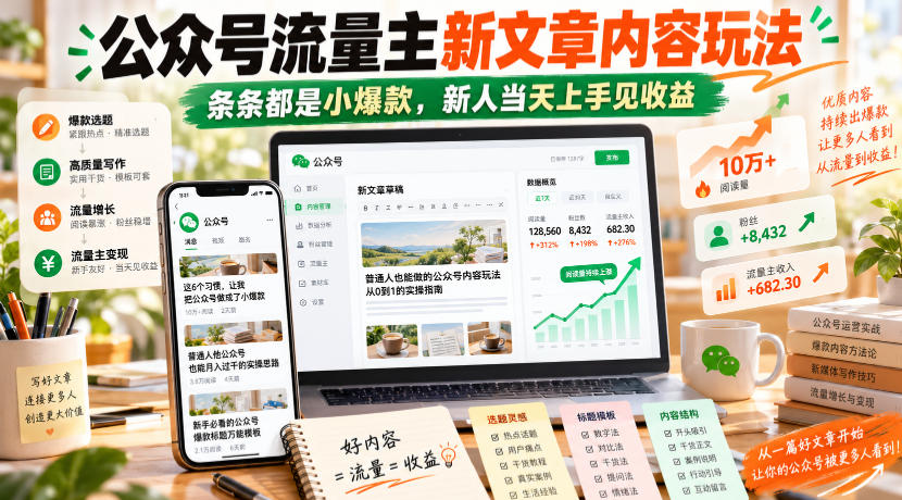公众号流量主新文章内容玩法,条条都是小爆款,新人当天上手见收益-我爱项目网
