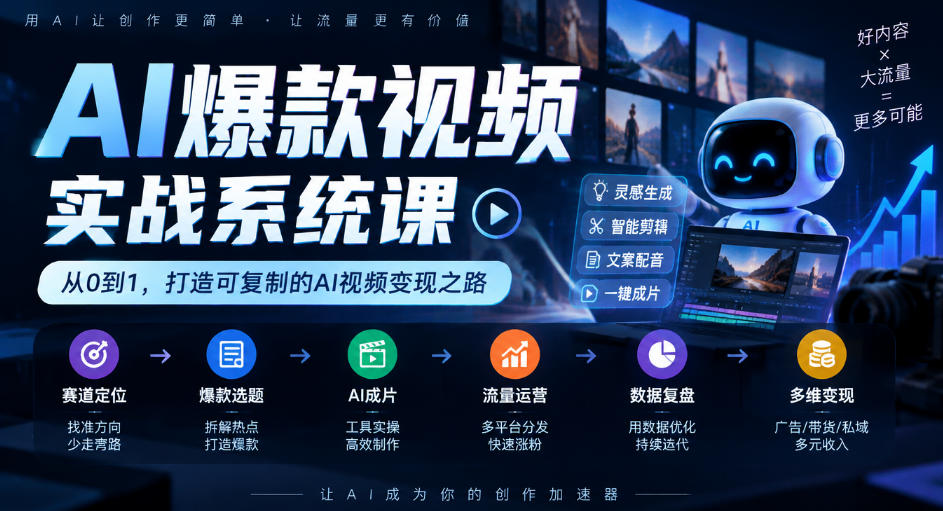 AI爆款视频实战系统课｜赛道定位、爆款选题、AI成片、流量运营、数据复盘、多维变现全链路教学-我爱项目网