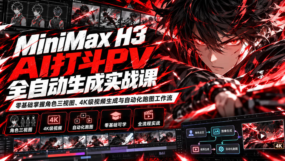 MiniMax H3 AI打斗PV全自动生成实战课:零基础掌握角色三视图、4K级视频生成与自动化跑图工作流-我爱项目网