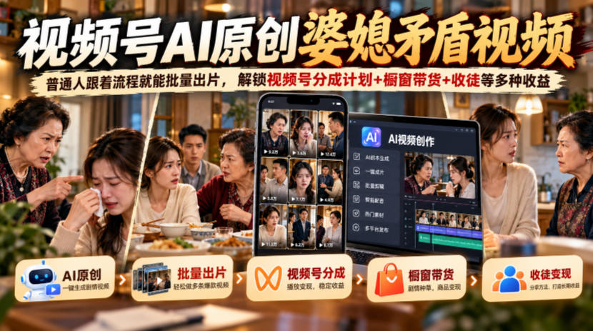 视频号ai原创婆媳矛盾视频，普通人跟着流程就能批量出片，解锁视频号分成计划+橱窗带货+收徒等多种收益-我爱项目网