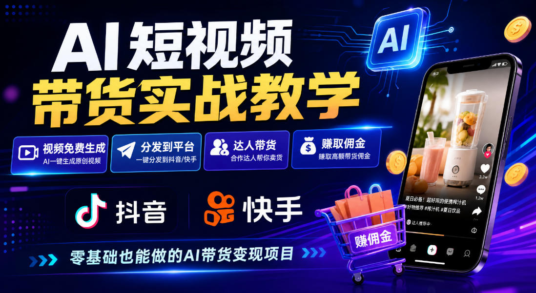 AI短视频带货实战教学，视频免费生成，分发到抖音快手平台，达人带货賺佣金-我爱项目网