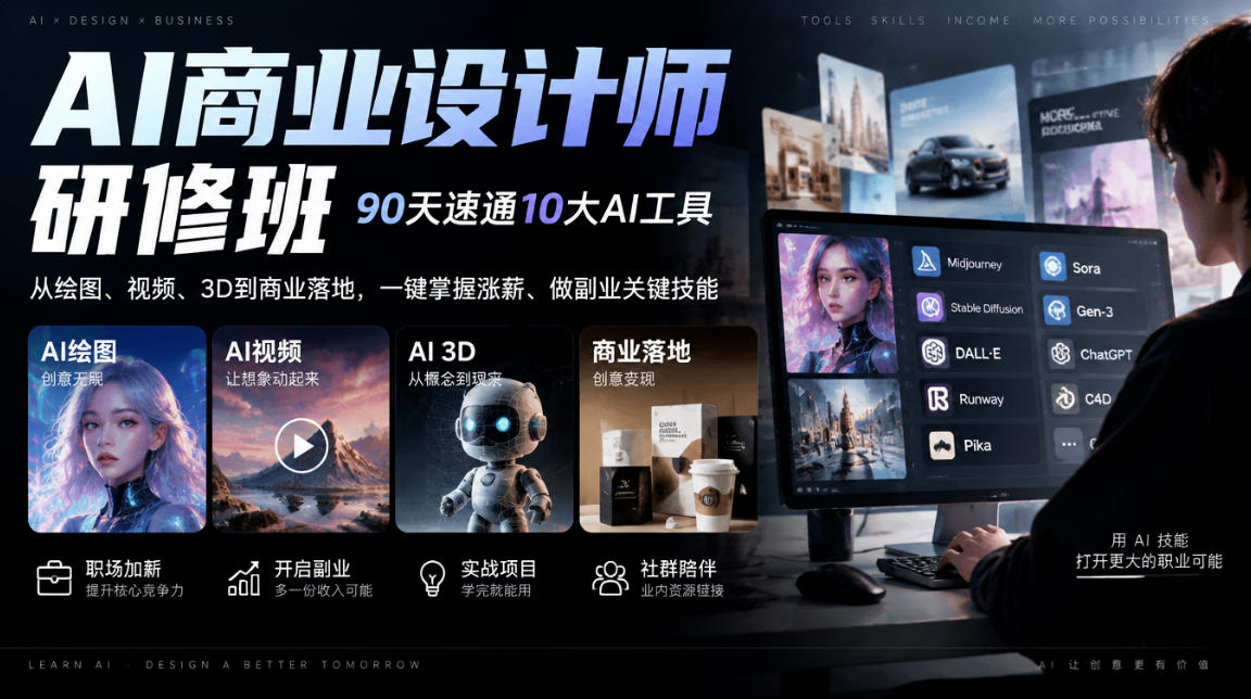 AI商业设计师研修班，90天速通10大AI工具，从绘图、视频、3D到商业落地，一键掌握涨薪、做副业关键技能-我爱项目网