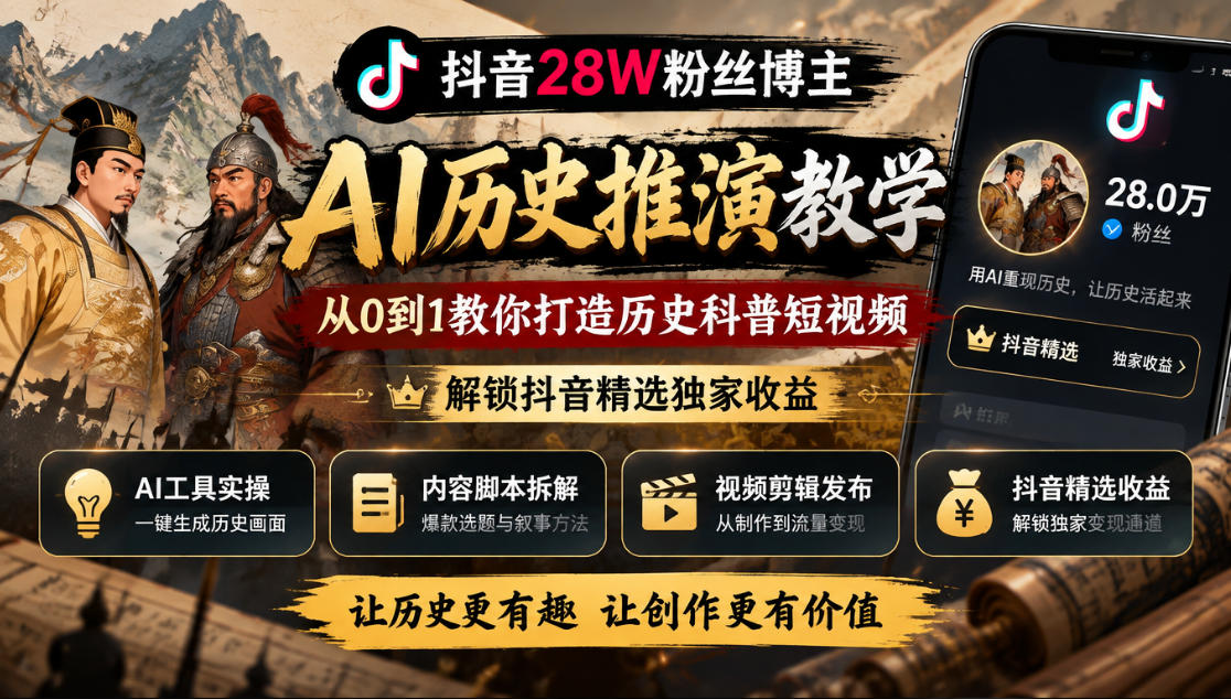 抖音28W粉丝博主的AI历史推演教学，从0到1教你打造历史科普短视频，解锁抖音精选独家收益-我爱项目网