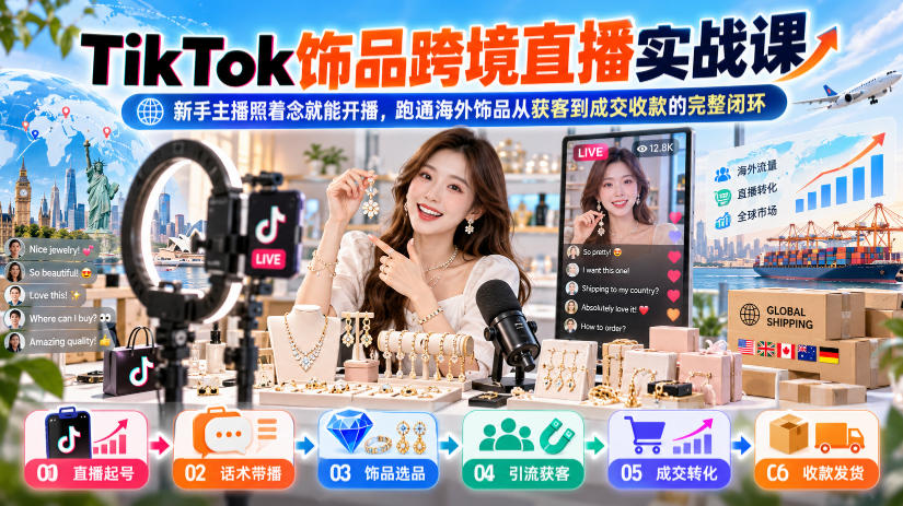 TikTok饰品跨境直播实战课,新手主播照着念就能开播,跑通海外饰品从获客到成交收款的完整闭环-我爱项目网
