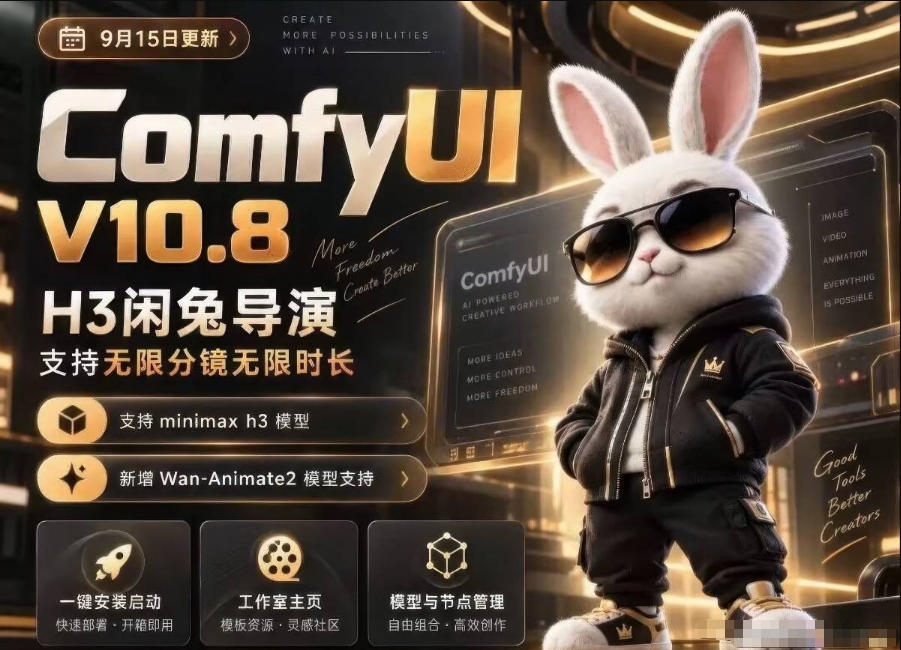 ComfyUI V10.8中文整合包,H3闲兔导演,支持无限分镜无限时长,1000+工作流,动作迁移,角色替换,视频一致性,口型同步,低显存可用-我爱项目网