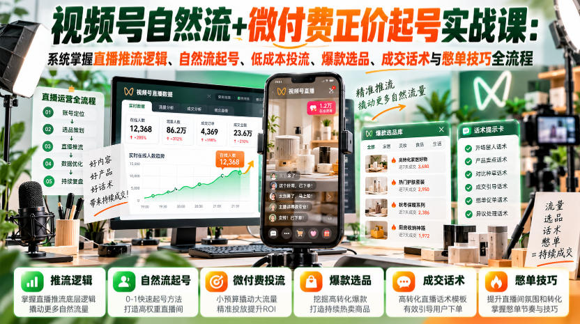 视频号自然流+微付费正价起号实战课：系统掌握直播推流逻辑、自然流起号、低成本投流、爆款选品、成交话术与憋单技巧全流程-我爱项目网