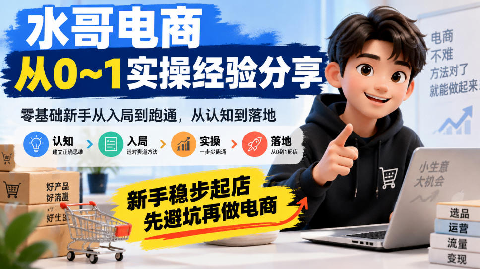 水哥电商从0~1实操经验分享，​零基础新手从入局到跑通，从认知到落地，新手稳步起店，先避坑再做电商-我爱项目网