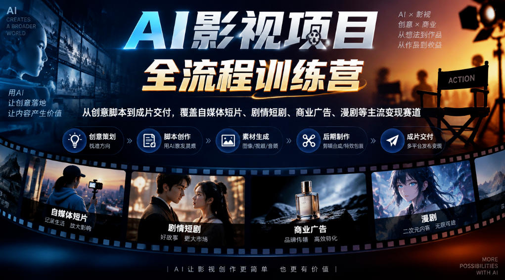 AI影视项目全流程训练营，从创意脚本到成片交付，覆盖自媒体短片、剧情短剧、商业广告、漫剧等主流变现赛道-我爱项目网