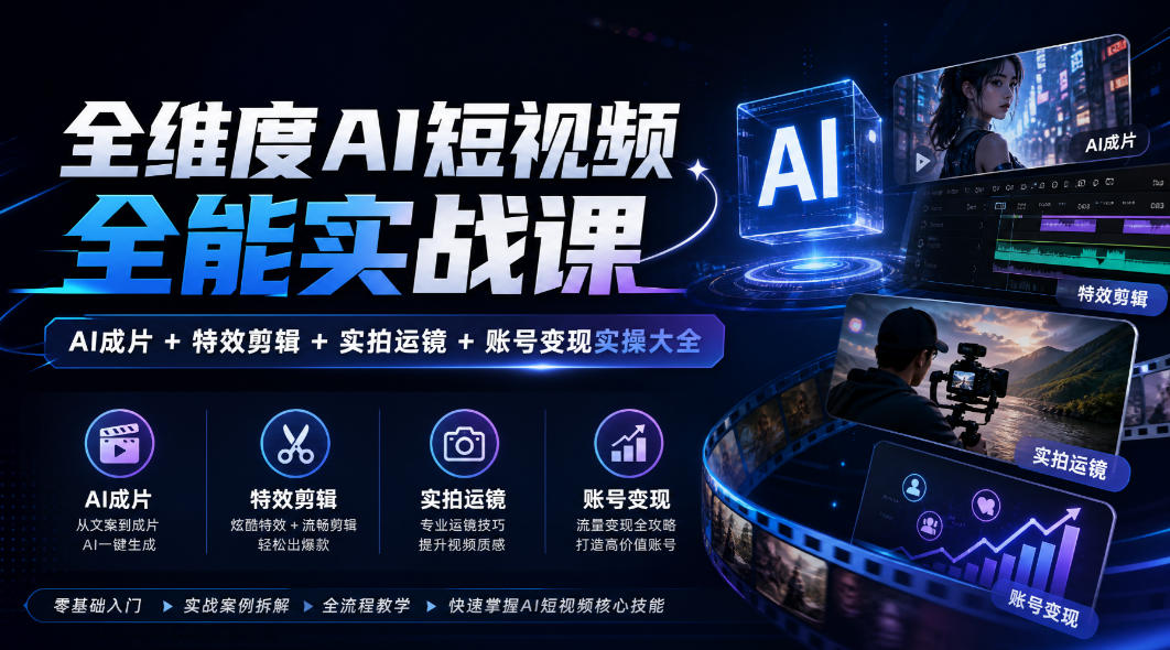 全维度AI短视频全能实战课，AI成片+特效剪辑+实拍运镜+账号变现实操大全-我爱项目网