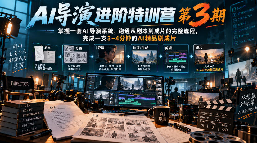 AI导演进阶特训营第3期,掌握一套AI导演系统,跑通从剧本到成片的完整流程,完成一支3~4分钟的AI精品剧成片(附1、2期)-我爱项目网