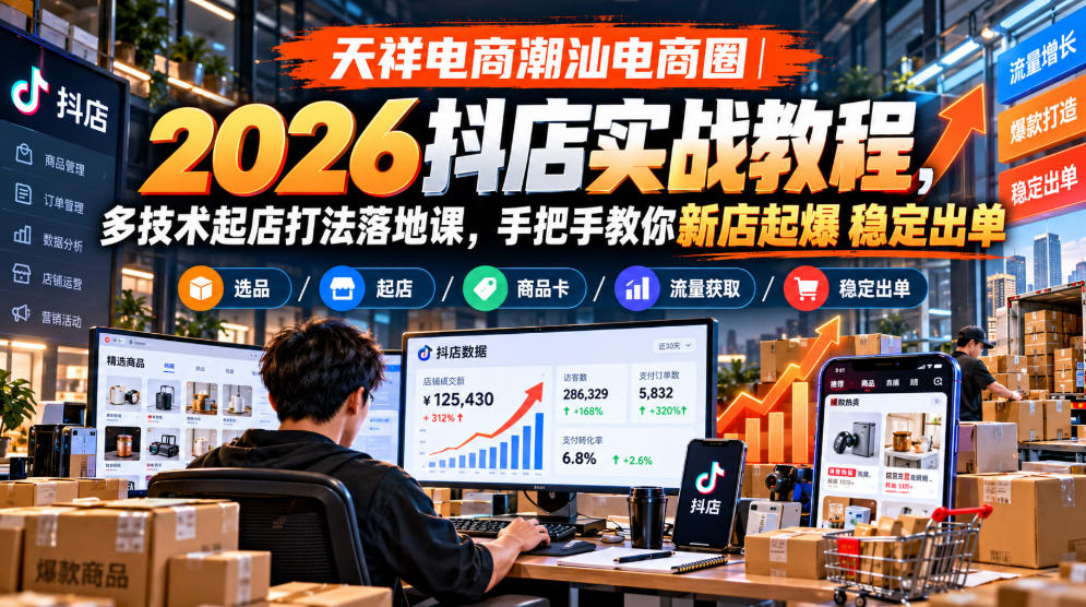天祥电商潮汕电商圈｜2026抖店实战教程，多技术起店打法落地课，手把手教你新店起爆稳定出单-我爱项目网
