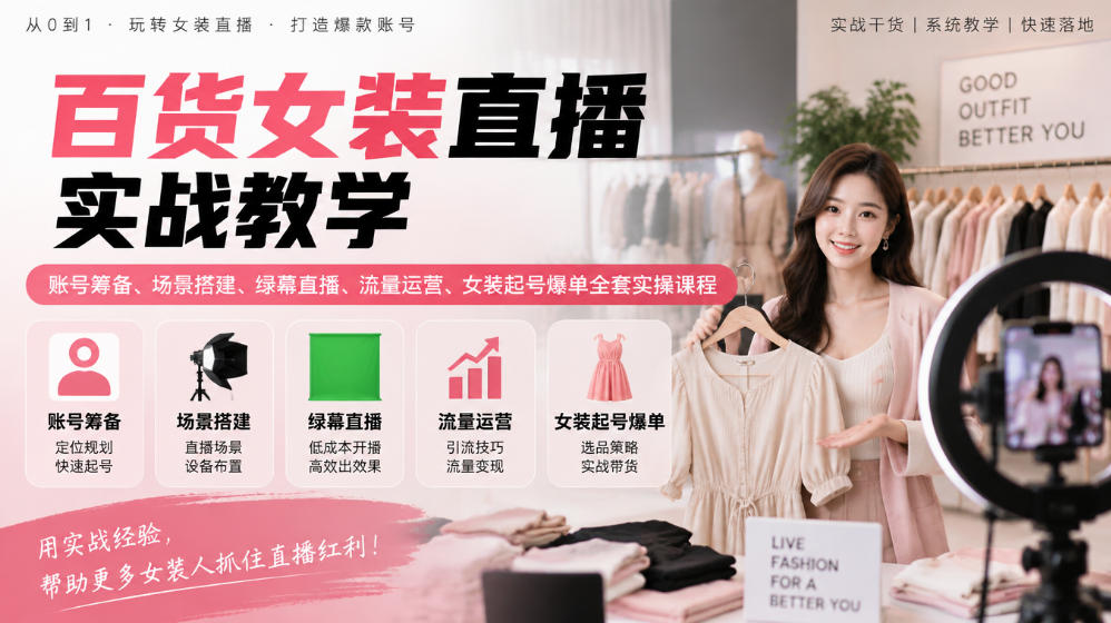 百货女装直播实战教学｜账号筹备、场景搭建、绿幕直播、流量运营、女装起号爆单全套实操课程-我爱项目网
