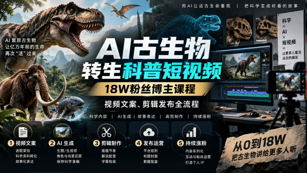 AI古生物转生科普短视频，18W粉丝博主课程，视频文案、剪辑发布全流程-我爱项目网
