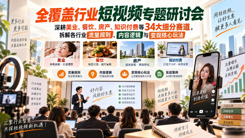 短视频专题研讨会，深耕美业、餐饮、房产、知识付费等34大细分赛道，拆解各行业流量规则、内容逻辑与变现核心玩法（更新1011）-我爱项目网