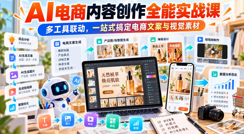 【无水印】AI电商内容创作全能实战课|多工具联动,一站式搞定电商文案与视觉素材-我爱项目网
