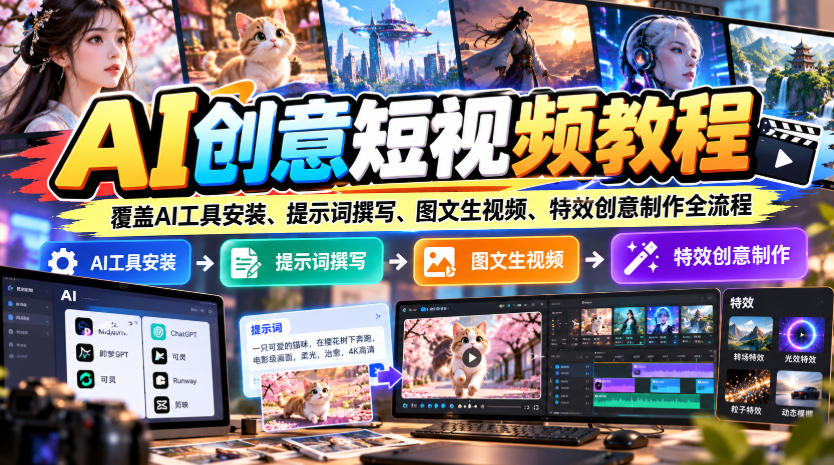 AI创意短视频教程，覆盖AI工具安装、提示词撰写、图文生视频、特效创意制作全流程-我爱项目网