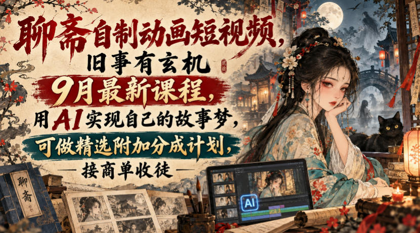 聊斋自制动画短视频，旧事有玄机9月最新课程，用AI实现自己的故事梦，可做精选附加分成计划，接商单收徒-我爱项目网