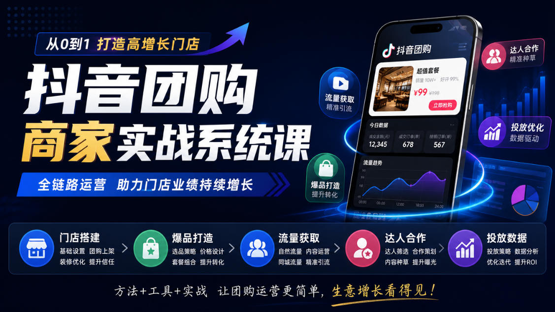 抖音团购商家实战系统课｜门店搭建、爆品打造、流量获取、达人合作、投放数据全链路运营-我爱项目网