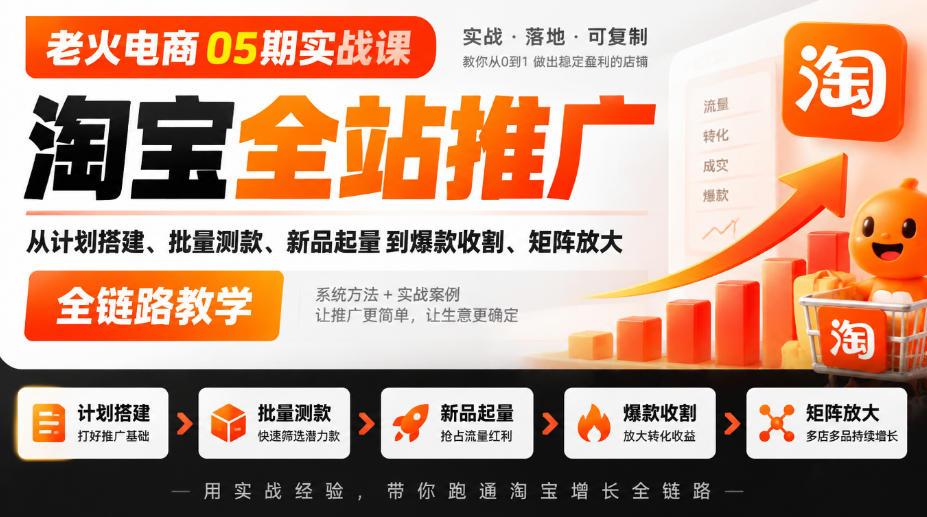老火电商05期实战课｜淘宝全站推广从计划搭建、批量测款、新品起量到爆款收割、矩阵放大全链路教学-我爱项目网