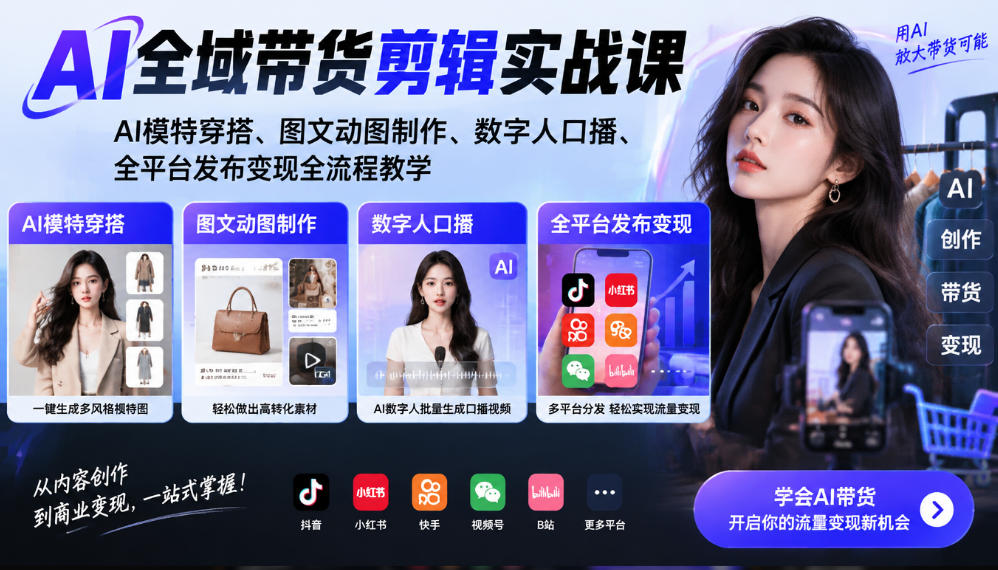 AI全域带货剪辑实战课｜AI模特穿搭、图文动图制作、数字人口播、全平台发布变现全流程教学-我爱项目网