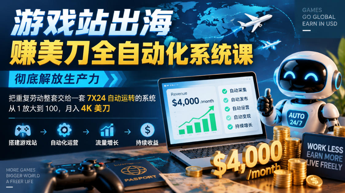 游戏站出海賺美刀全自动化系统课，彻底解放生产力–把重复劳动整套交给一套7X24自动运转的系统，从1放大到100，月入4K美刀-我爱项目网